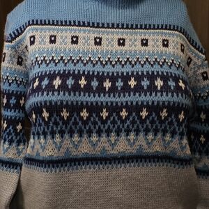 Vintage Jersild 100% Virgin Wool Nordic Snowflake Turtleneck Sweater USA Blue